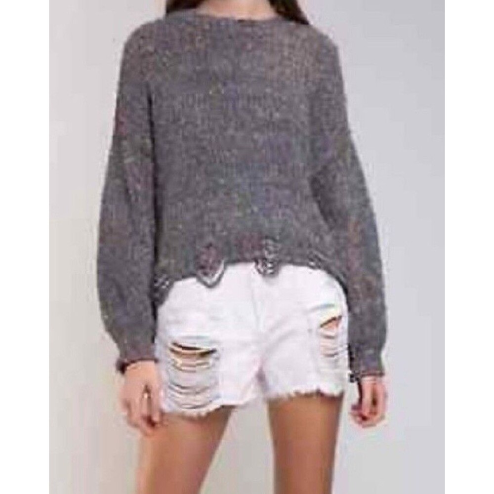 Pol Confetti Distressed Cropped Sweater Size Large Gray Long Sleeve Women's Top